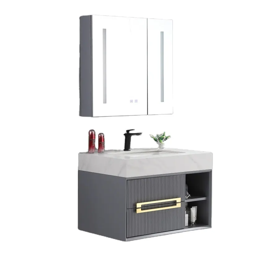 KD-BC306W pia de bancada com desenho de mármore extravagante para banheiro com armário de parede funções de madeira pendurado LED espelho vaidade