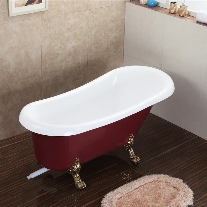 حوض استحمام أكريليك فاخر للبالغين لشخص واحد ، حمام داخلي حديث أحمر مع قدم ذهبية للمنزل والفندق