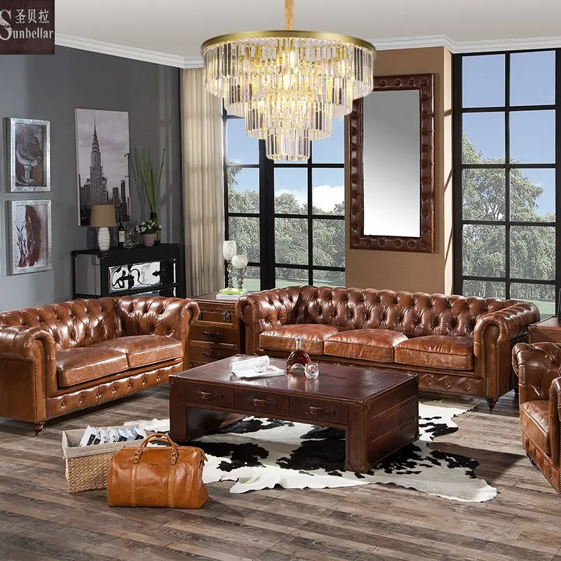 Sofá de couro genuíno vintage antigo de alta qualidade 100% couro top grain Chesterfield conjunto de sofá de luxo móveis para sala de estar