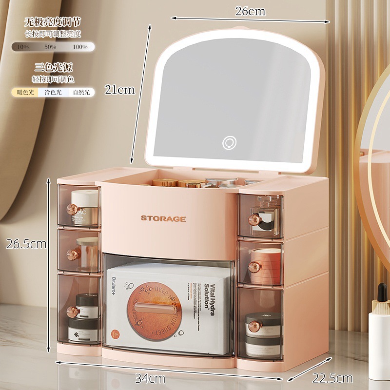 Makeup storage mirror with light - pink