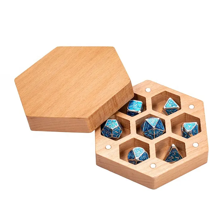 Mayorista personalizado mazmorra y dragón hexágono RPG juego dados DND de madera caja de dados de madera con tapa magnética