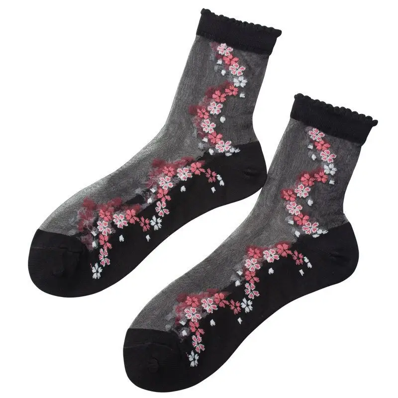 Chaussettes courtes transparentes en nylon à motif floral Vente en gros Coton d'été respirant Design personnalisé pour femmes Tricoté fin