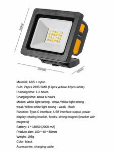 Portable Rechargeable <strong>LED</strong> Work Light with Adjustable Magnetic Base Waterproof Flood Bracket Hook Cold White Emission - Product Image 6