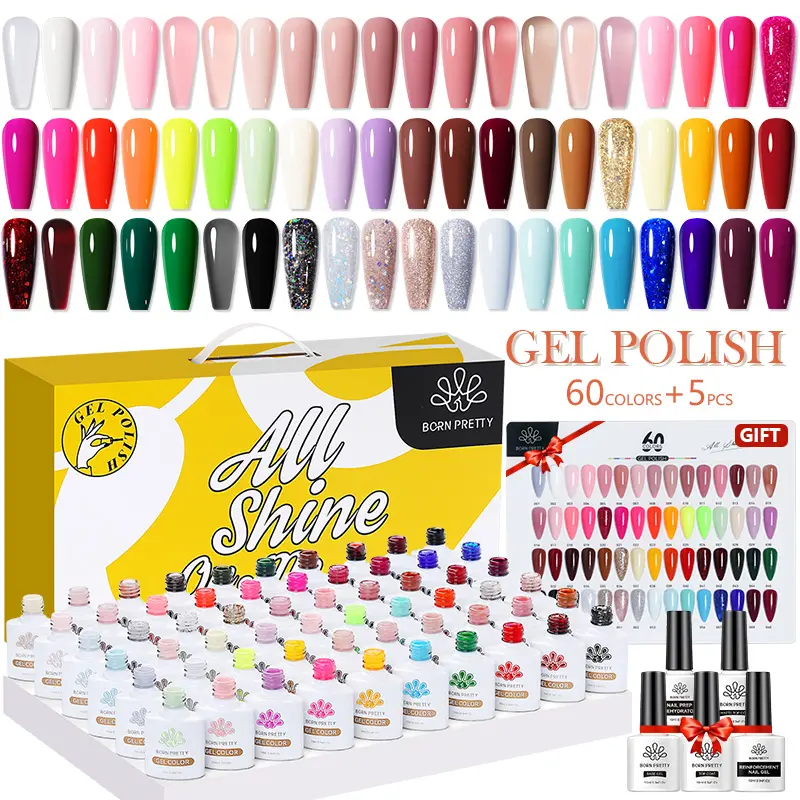 NASCIDO PRETTY 65 Pcs Gel Unha Polonês Kit Para Atacado Gel Polonês Set Com Lâmpada Uv Nail Art Salon Gel Wear Top coat + Cartão de Cor