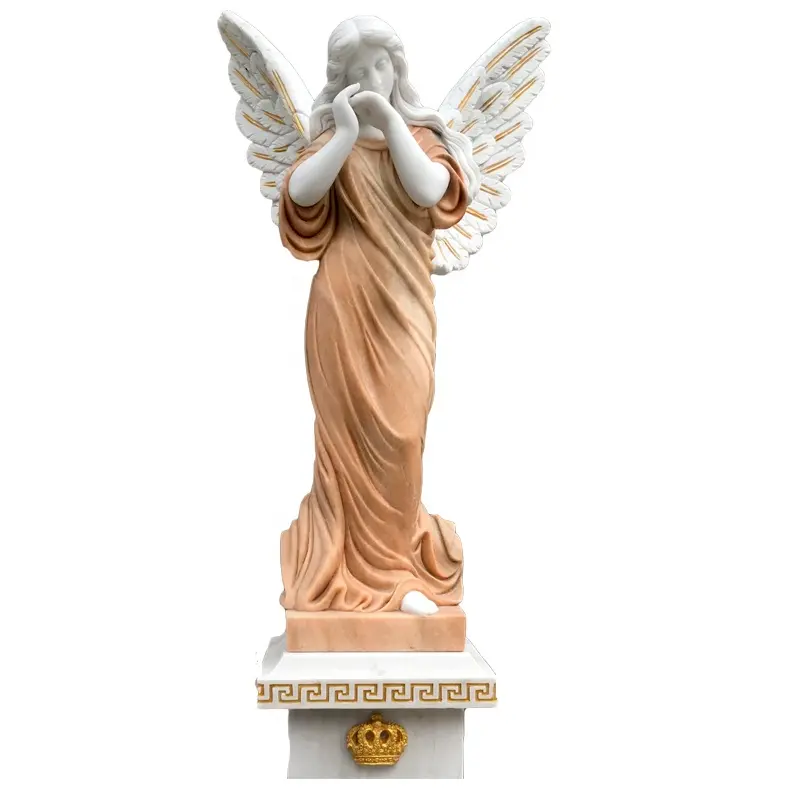 Su misura in marmo dorato angelo cimitero statua di pietra per la vendita