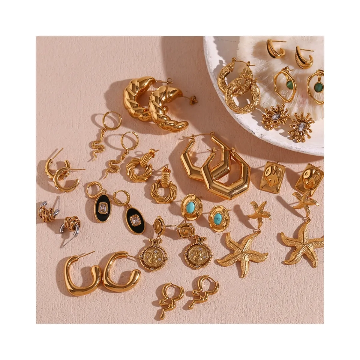 HP stainless steel starfish earrings Vintage geometric shape hoop earrings 18k gold plated stud earrings women