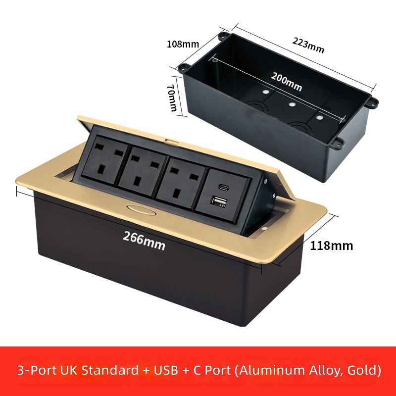 Three-pin power strip+usb+type-c-gold