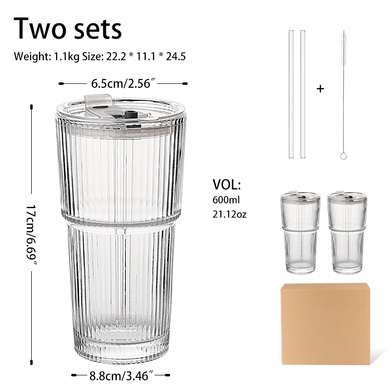 Clair + Deux tasses réglées + paille en verre + couvercle de pp + brosse de paille