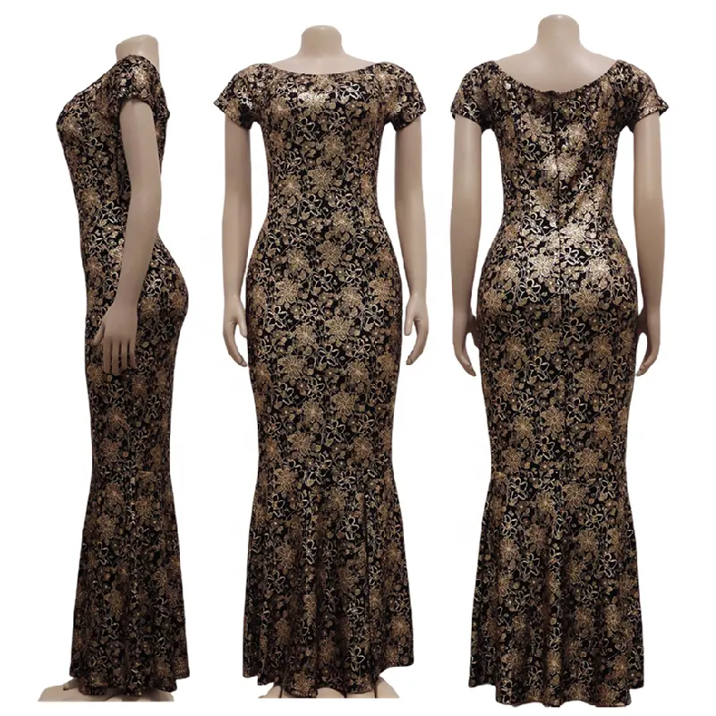 SMR10102 robe sirène élégante de haute qualité à manches courtes et fleurs dorées, robe longue de soirée pour femmes