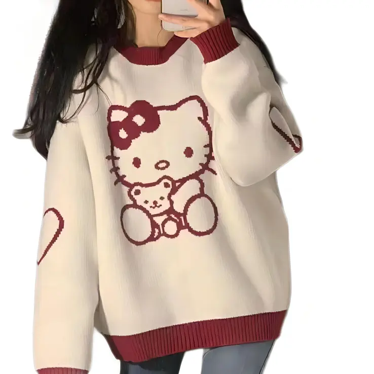 Dễ thương phim hoạt hình Áo len cô gái với ngọt ngào Vòng cổ Áo Thun Mùa Thu mùa đông dệt kim áo len Top cô gái áo len 2023