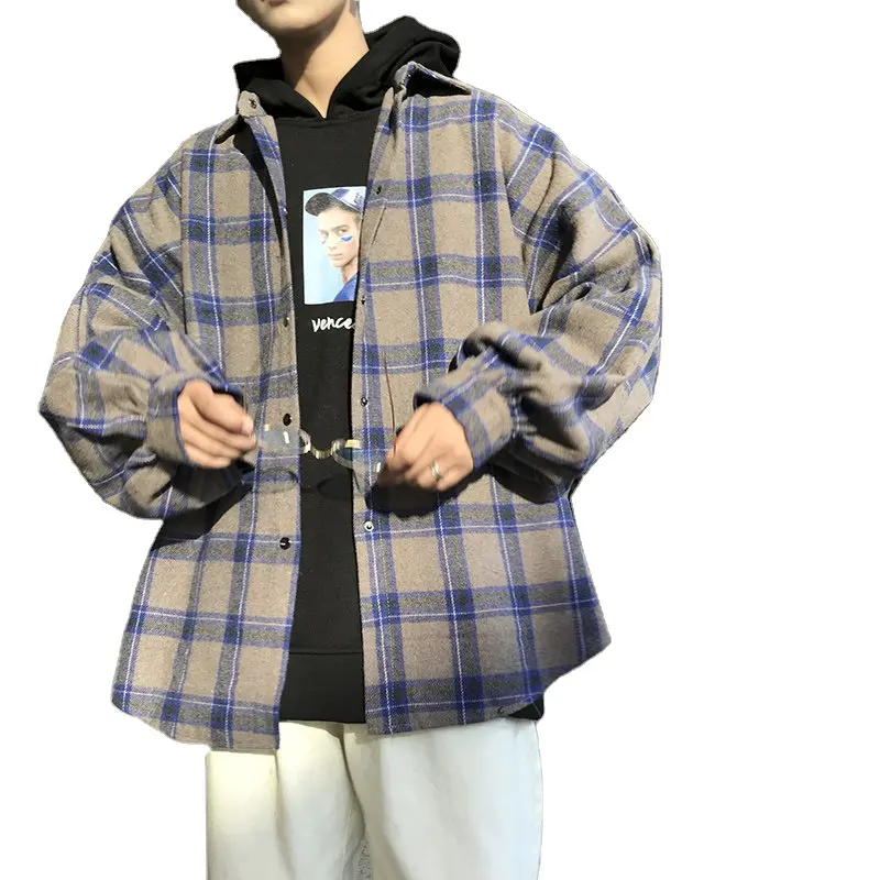 Harajuku-camisa a cuadros de bloque de Color para hombre, ropa de calle gruesa, camisas de manga larga, moda coreana Vintage