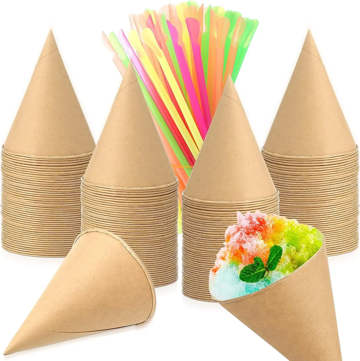 Canudos de colher multicoloridos de 4,5 onças, copos descartáveis de cone de papel à prova de vazamentos para sorvete raspado lama