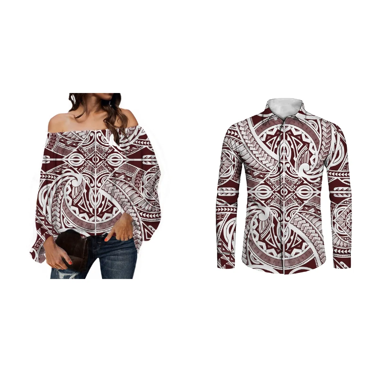 Camisas polinésia de alta qualidade, design tribais, feminino, chiffon, conjunto de camisas para casais, manga comprida, tamanho grande, amantes