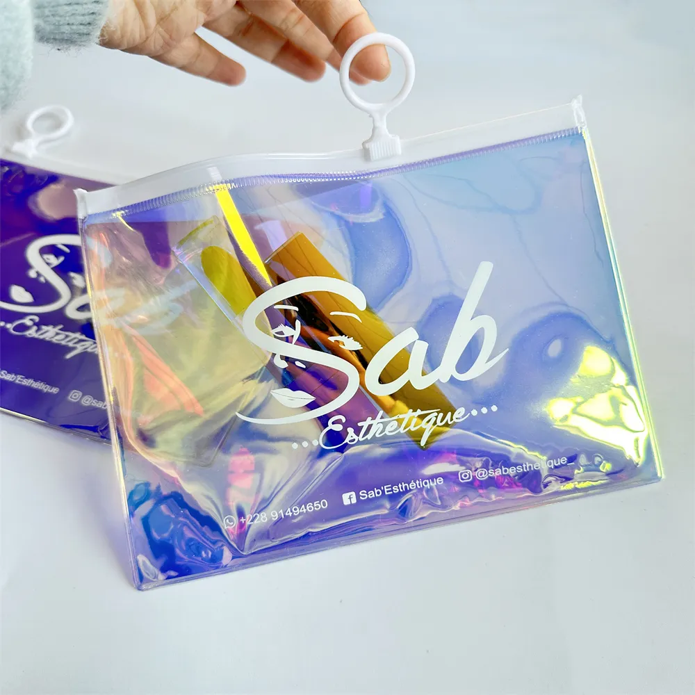 Bolsa de PVC holográfica elegante, bolsa de plástico para ropa con cierre hermético/Embalaje iridiscente para cosméticos con cremallera