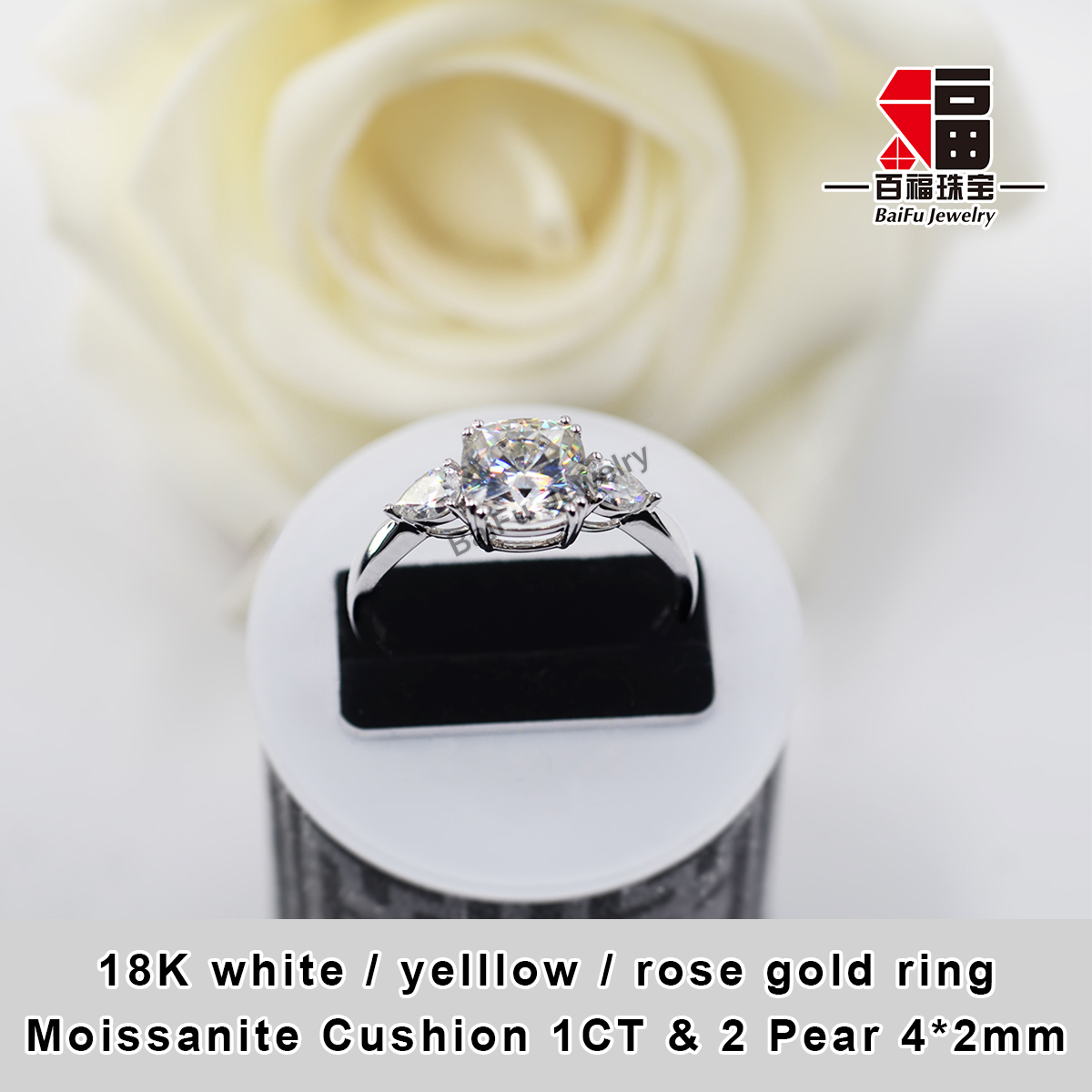 Bague en or 14 carats, Moissanite Coussin 1CT & Poire 4*2mm