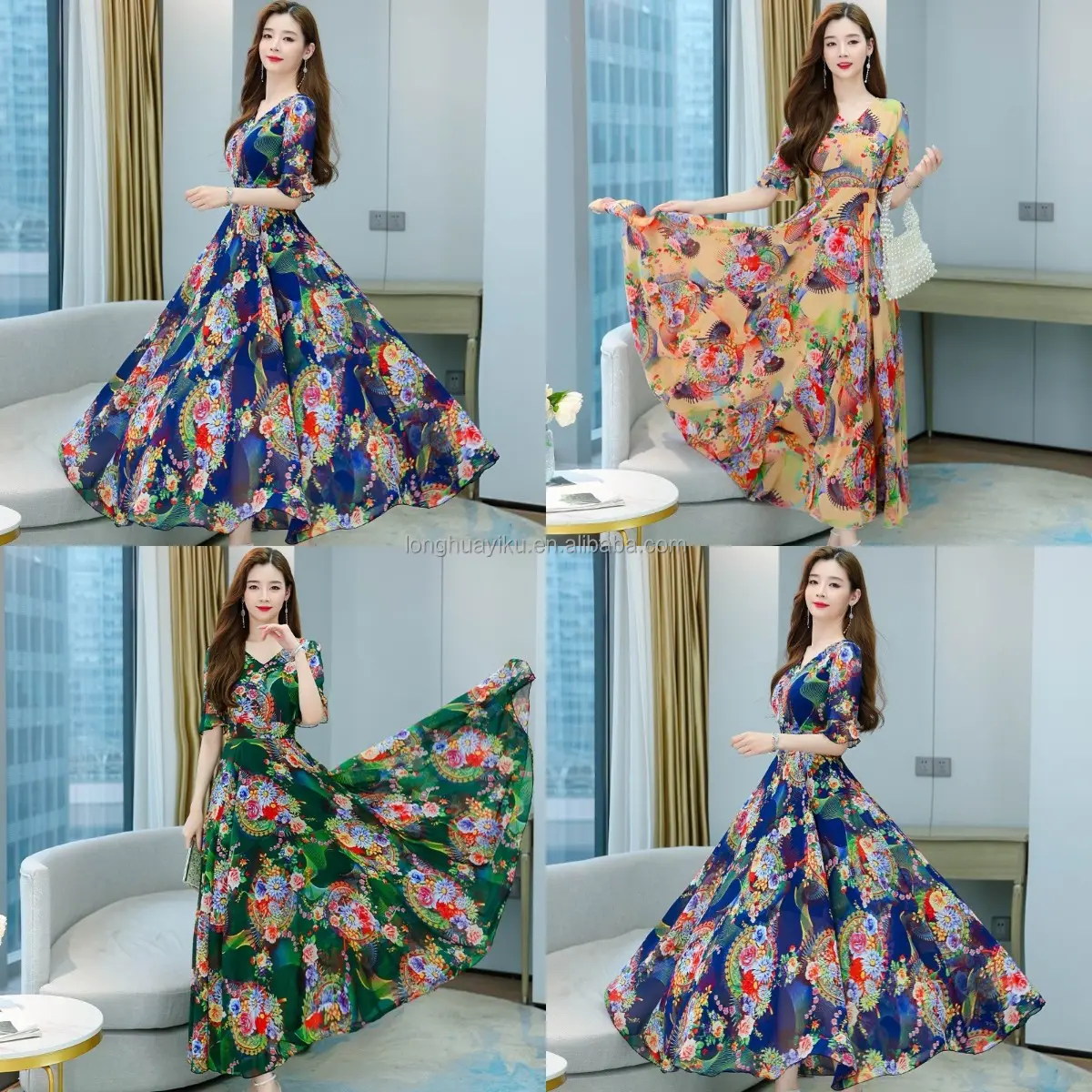 Printemps nouvelle robe imprimée de style ethnique pour les femmes avec des motifs floraux attachés à la taille, manches bulle, grande jupe longue plissée