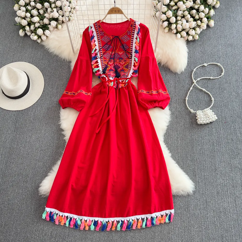 Vestido de verano de lino y algodón bordado, bohemio, Retro, étnico, cintura con cordones, informal, elegante, 2022