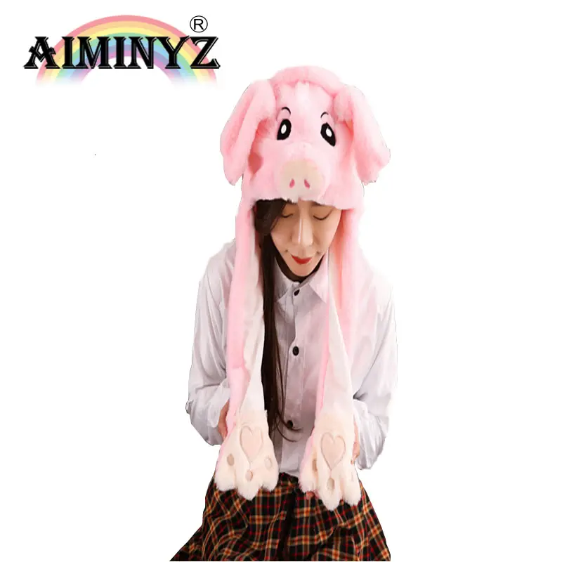 AIMINYZ Best Sell Pig Jumping Hat Moving Ears Cap Cute Anime Plush Hat for Adult Children Halloween Birthday Party Hat Gift