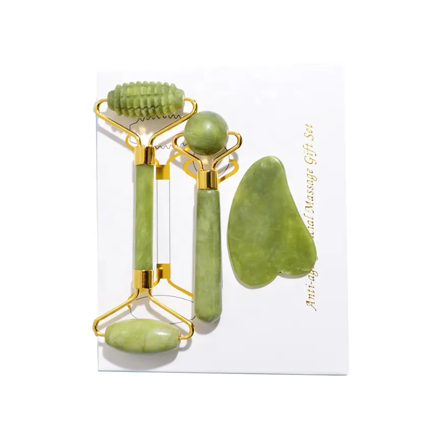 HEYAMO-Rodillo de Jade verde para el cuidado de la piel, herramientas personalizadas para el cuidado de la piel, Natural, Gua Sha, conjunto de rodillo de Jade