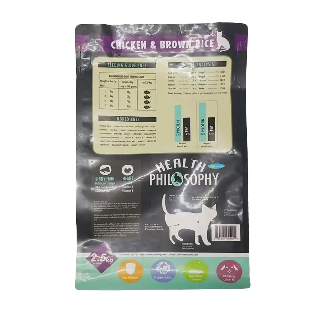 Makanan hewan peliharaan kucing datar besar makanan anjing 1.25kg 2.5kg 10kg kemasan logo kustom desain personal tas plastik bawah persegi