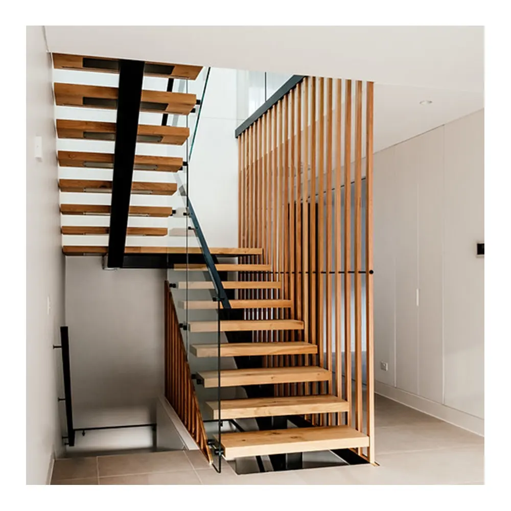 Interior Stringer escalera flotante caso general personalizado de madera maciza escalón dúplex sala de estar escalera recta viga ático escalera