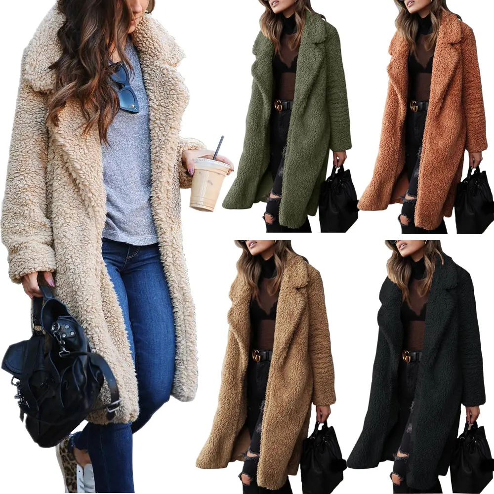 핫 세일 가을 겨울 긴 코트 긴 소매 옷깃 플러시 테디 코트 여성 따뜻한 겨울 코트