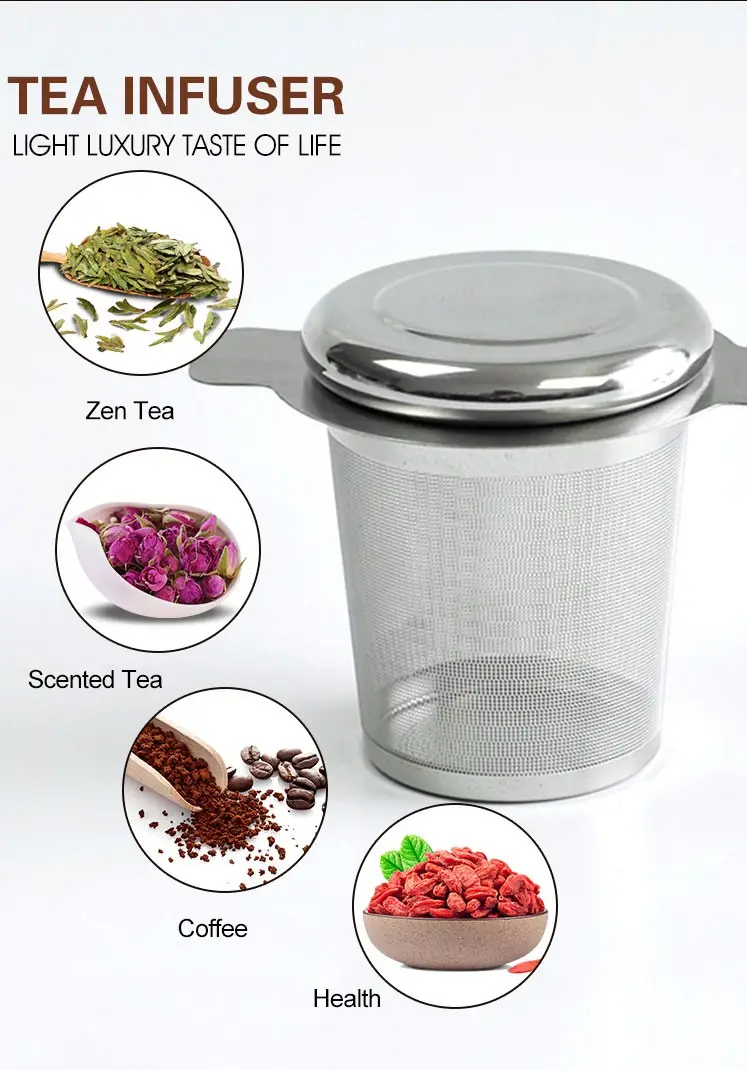 स्टेनलेस स्टील चाय Infuser छलनी धातु चाय Infuser ढक्कन के साथ खड़ी गिरा हुआ पत्ता चाय