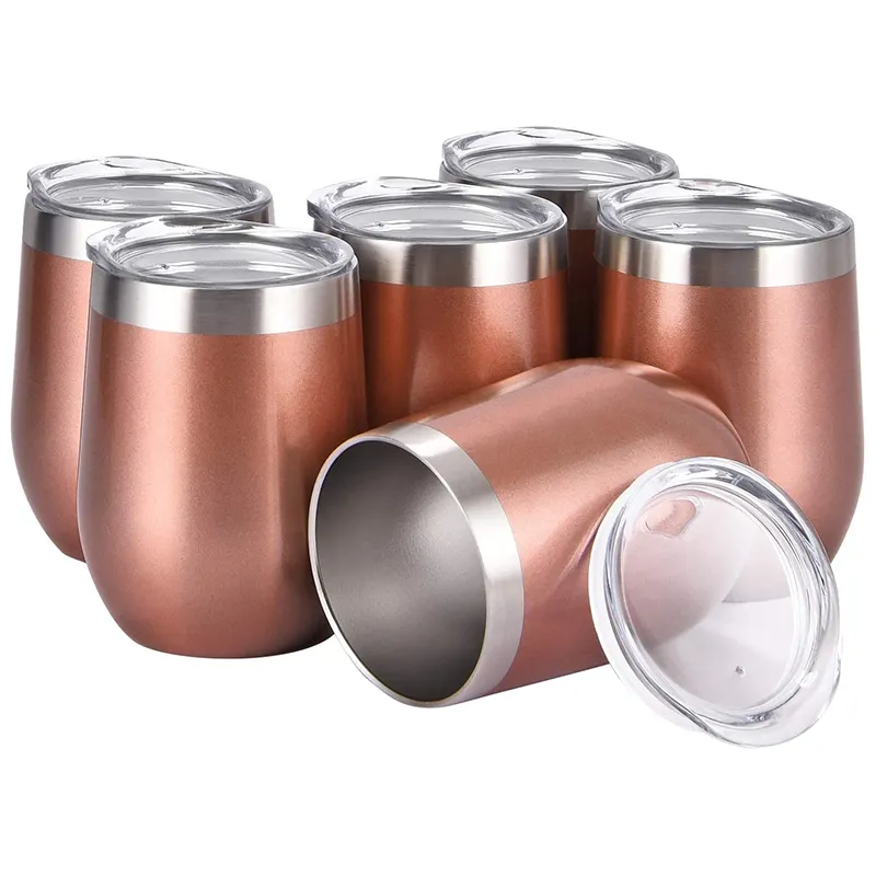 12oz Stainless Steel Stemless Rose gold Wine Tumbler Wine Glasses Set with Lid Set of 6 for Coffee Wine for Family Party use
