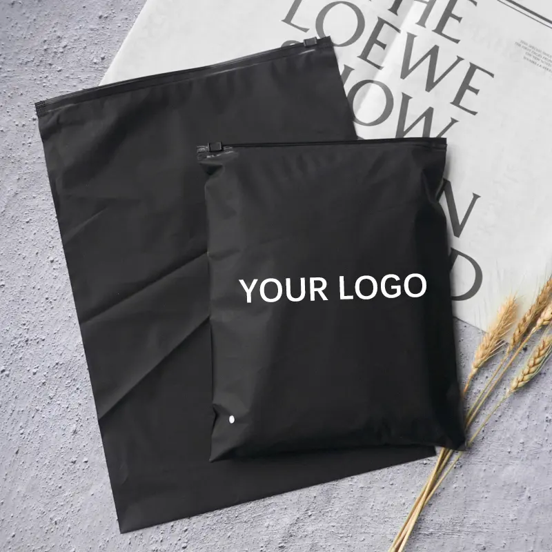 Bolsa de plástico con cremallera para ropa interior, logotipo de impresión personalizada, negro, pvc, esmerilado, eva