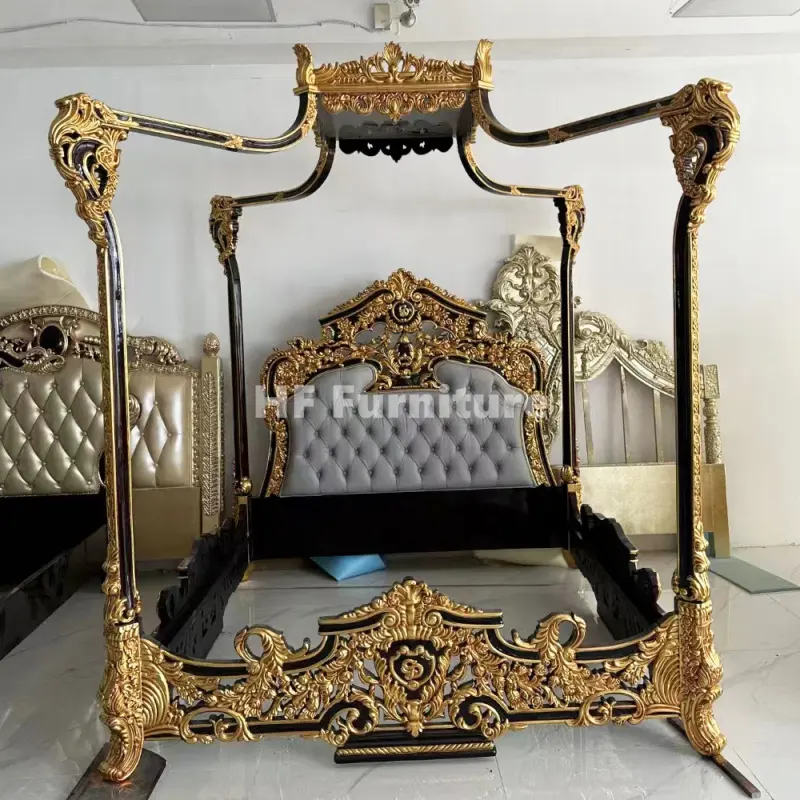 Classic Turkish Bedroom Furniture Antique Carved Canopy Four Poster Bed Solid Wood Beds