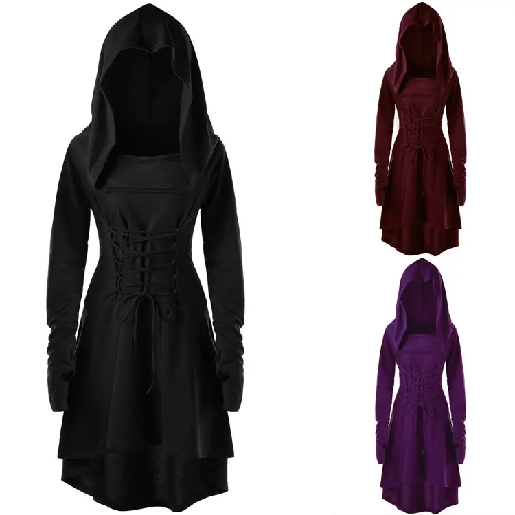 Halloween Goth Womens Medieval Renaissance Hooded Lace Up Dress Party Festival Performance Costume