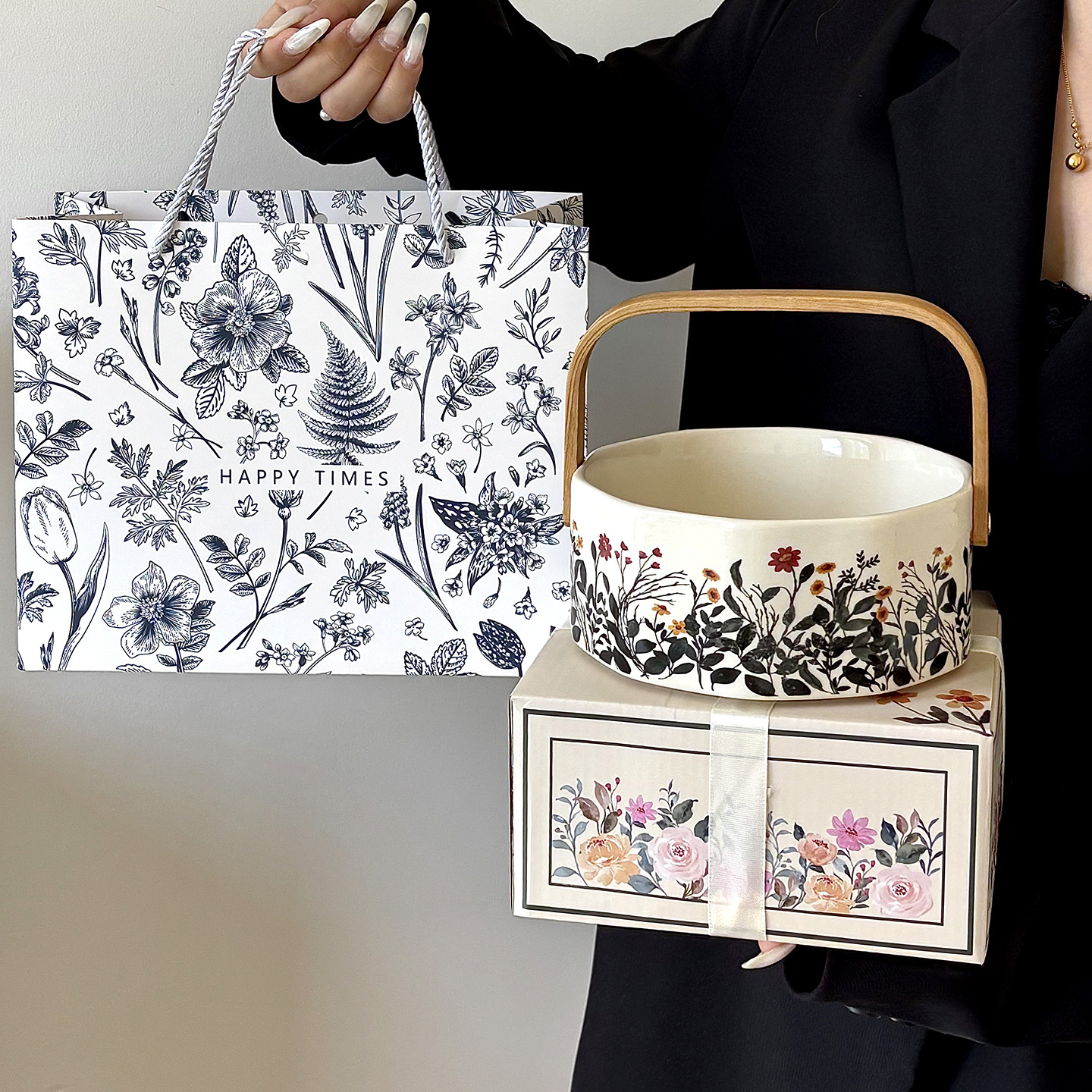 Panier de fleurs de jasmin-modèle D avec poignée épaissie + sac cadeau