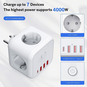 7合1交流电源插座立方体，带USB 3交流4000w欧盟俄罗斯德国插头插座1 C型和3 USB立方体多插头 - Product Image 6