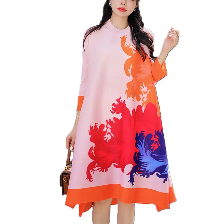 MIYAKE свободный размер свободного кроя платье со складками с принтом для полных женщин дизайнерский узор в американском стиле Большие размеры Повседневное платье для женщин