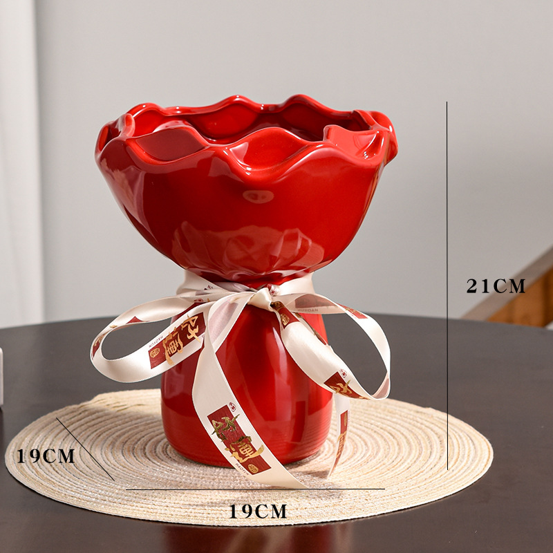 Cherry red large vase with ribbon