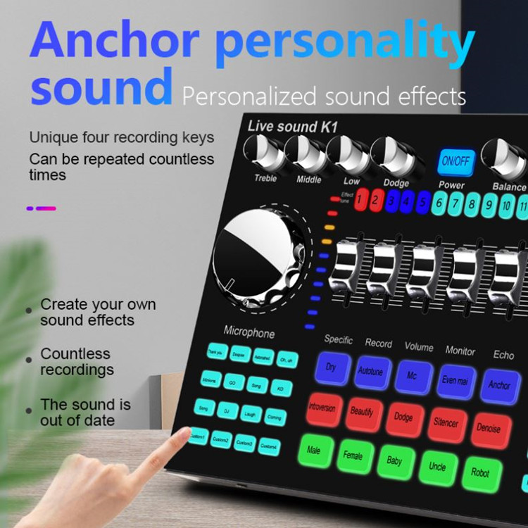 K1 Live Sound Card with Effects Voice Changer Audio Mixer for Live Broadcast Mic