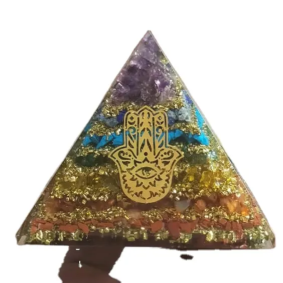 Pirámide de energía y curación de orgonita, venta al por mayor, símbolo de Hamsa, siete Chakras, pirámide de orgón, chips de cristal, pirámide de orgón