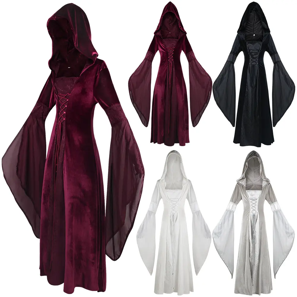 Espartilho das mulheres de Manga Longa Com Capuz Medieval Oco Rendas Vestido Fino Vestidos de Halloween Cosplay Bruxa Vestido Robe Femme Maxi Vestidos