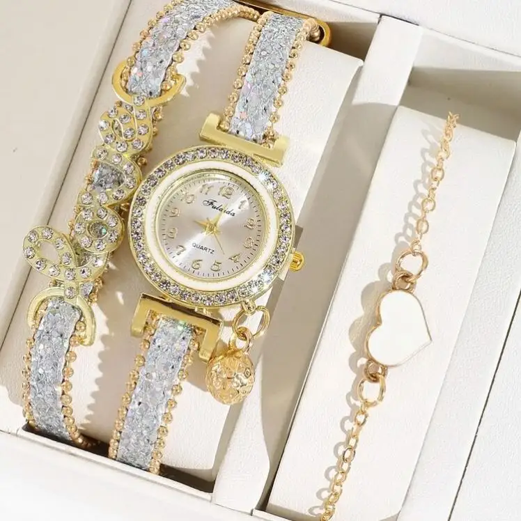 Schlussverkauf Liebesuhr für Damen Vintage Herz-Armband Zifferblatt Analog-Quartz-Armbanduhr-Set
