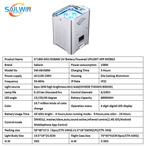 赛尔温6x18w 6合1电池供电的发光二极管停车灯RGBAW紫外舞台投影光束IP22 DMX控制无线