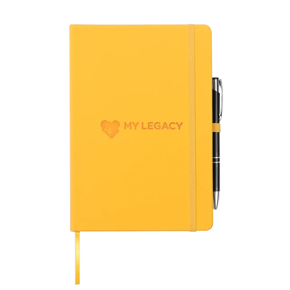 Pronto per la spedizione di A5 cuoio notebook giallo chiaro con portapenne e chiusura elastica