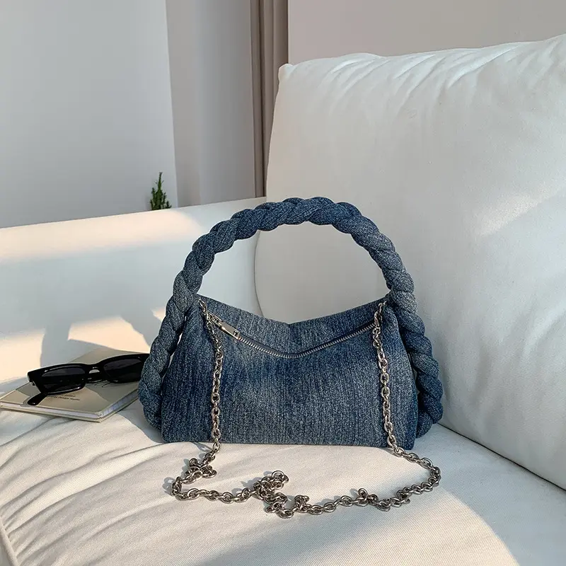 New Arrival Braided Top Handle Shoulder Denim Bag For Women High Quality Designer Small Hobo Tote Handbag