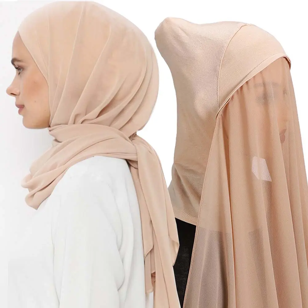 2022卸売サプライヤートルコファッションイスラム教徒女性ショールスカーフ2in1ジャージーインナーキャップシフォンインスタントヒジャーブ