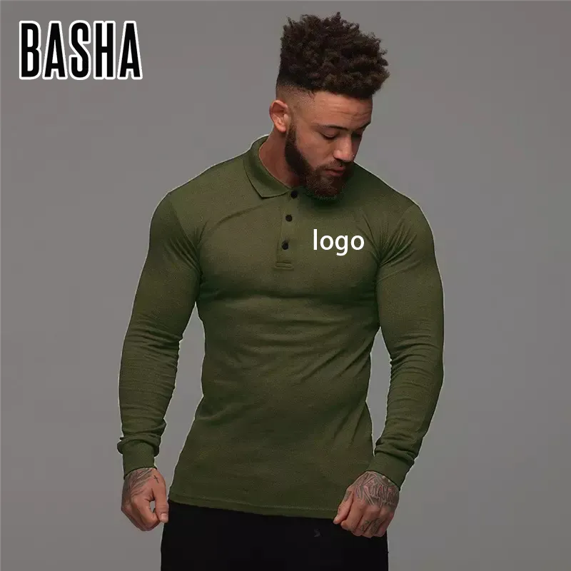 BASHAsports özel slim fit yaka yaka düğmeleri ile spor salonu spor uzun kollu spor giyim polo t shirt erkekler için