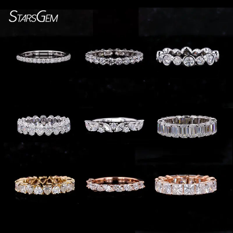 Starsgem Custom Pure Diamond Tennis Eternity Jewelry Band moissanite S925 10K 14K soild Gold fedi nuziali anelli