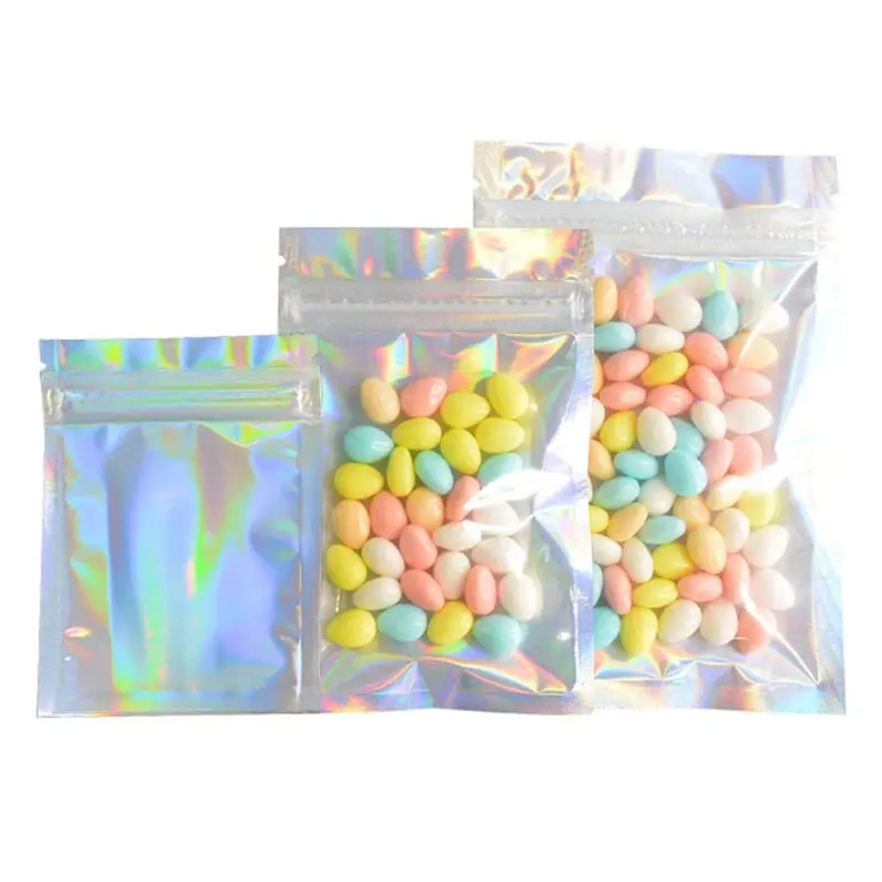 Bolsas con cremallera de Color holográfico, papel de aluminio resellable, cierre plano, para recuerdo de fiesta, almacenamiento de alimentos