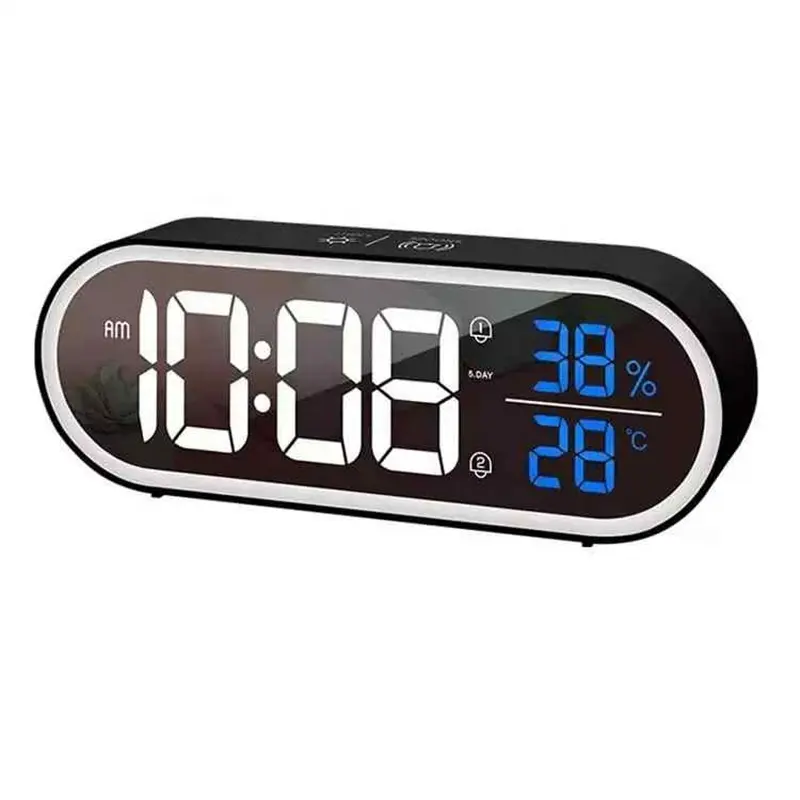 New Design Digital Alarm Clock Temperature and Humidity Large Mirror LED Electronic Clock with USB Charger Display Table Clock