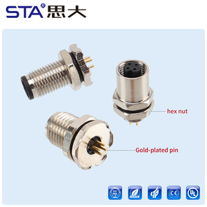 IP67防水M5面板安装连接器3/4针直母插座，前后黄铜电线连接紧固 - Product Image 3