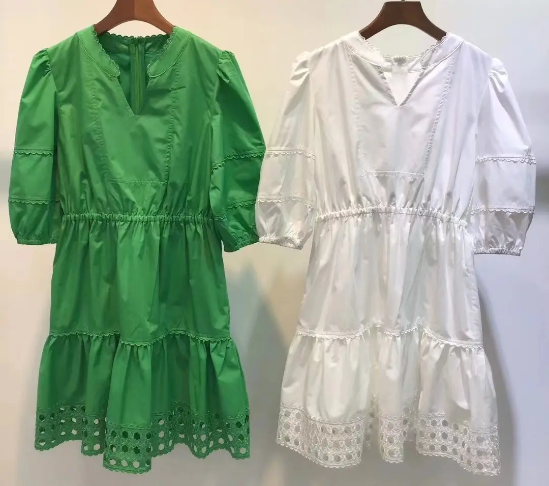 Top qualité nouvelle robe en coton 2023 été Style femmes col en v évider broderie à manches courtes coupe ajustée a-ligne blanc vert robe