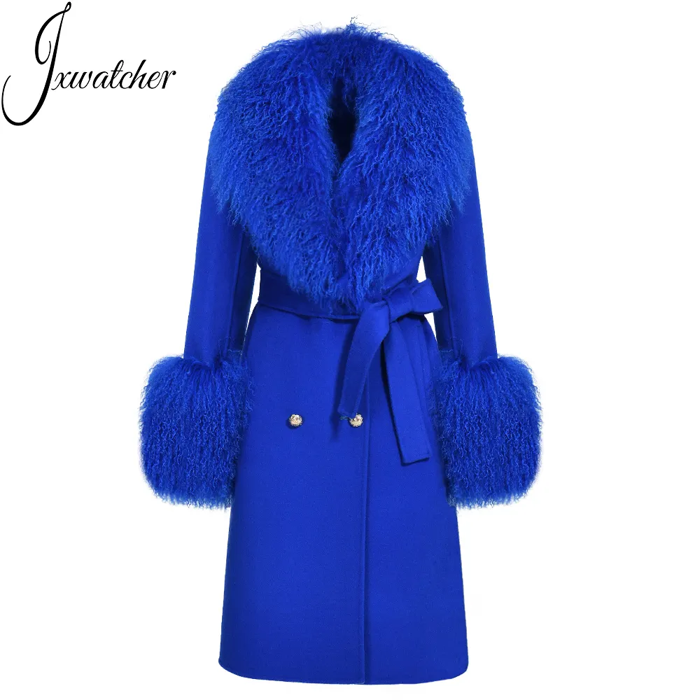 Wholesale Fall Elegant Ladies Big Real Mongolian Lamb Fur Collar Luxury Double Faced Cashmere Trench Custom Long Women Wool Coat